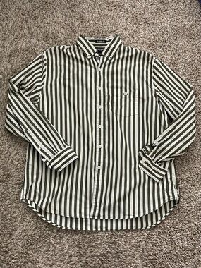 Todd Snyder Classic Fit Striped Button-Down Shirt | Size L | Olive Green & White